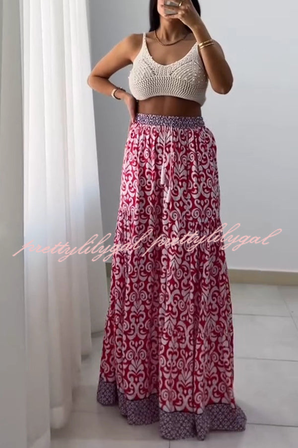 Unique Print Elastic High Waist Tie Pocket Wide Leg Pants