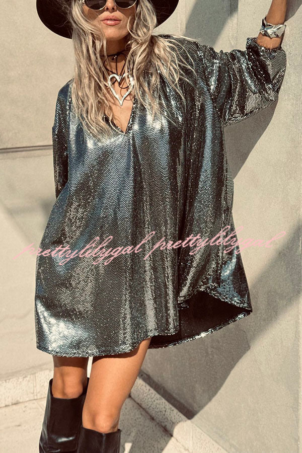 Party Queen Glitter Fabric V-neck Balloon Sleeve Loose Mini Dress
