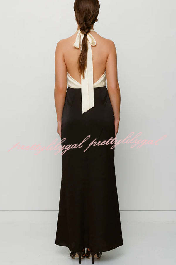 Like A Gem Satin Colorblock Halter Backless Party Maxi Dress