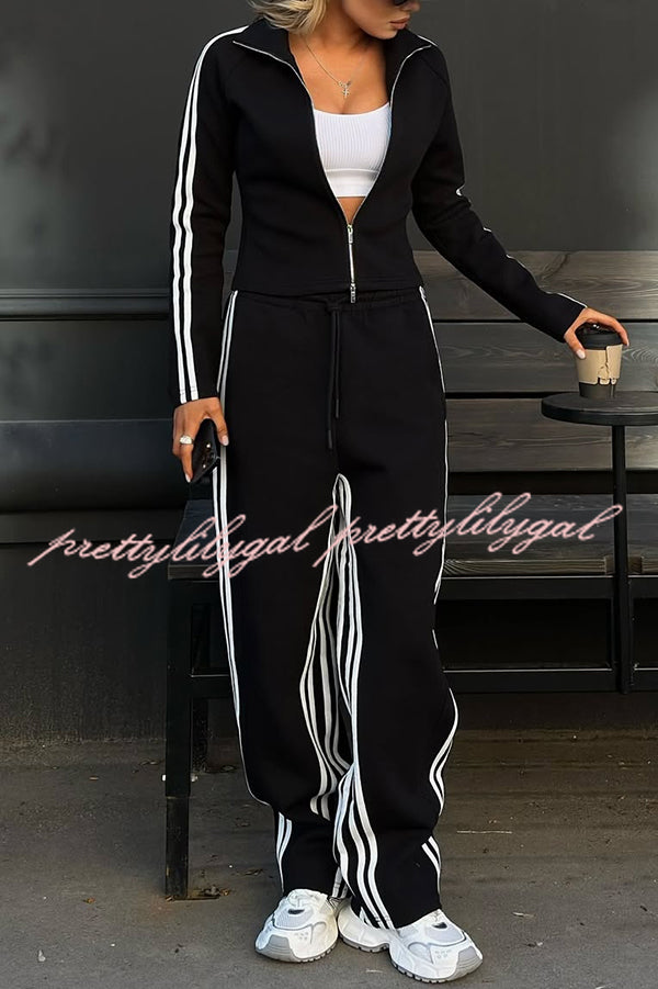 Fashionable Sports Style Striped Long-sleeved Jacket and Elastic Waist Casual Pants Set