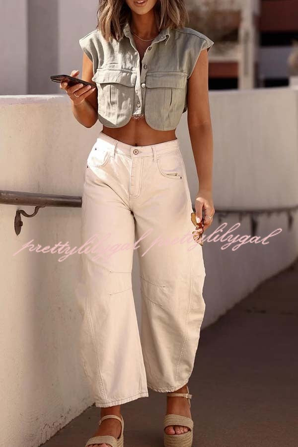 Stylish Weekend Denim Button Up Cape Sleeve Pocket Crop Top