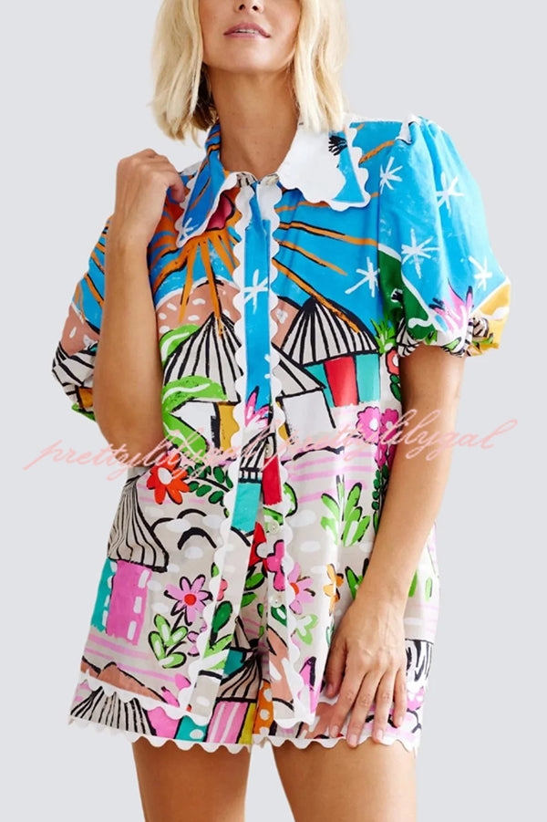 Unique Printed Wave Lace Puff Sleeve Loose Shirt and Elastic Waist Pocket Shorts Set