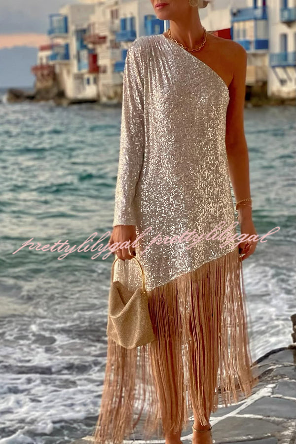 Anika Sequin One Shoulder Sleeve Tassel Hem H-line Midi Dress
