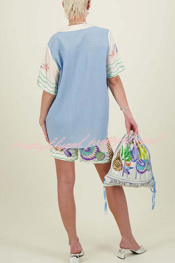 Coastal Seashell Satin Unique Print Pocket Loose Shirt and Elastic Waist Shorts Set