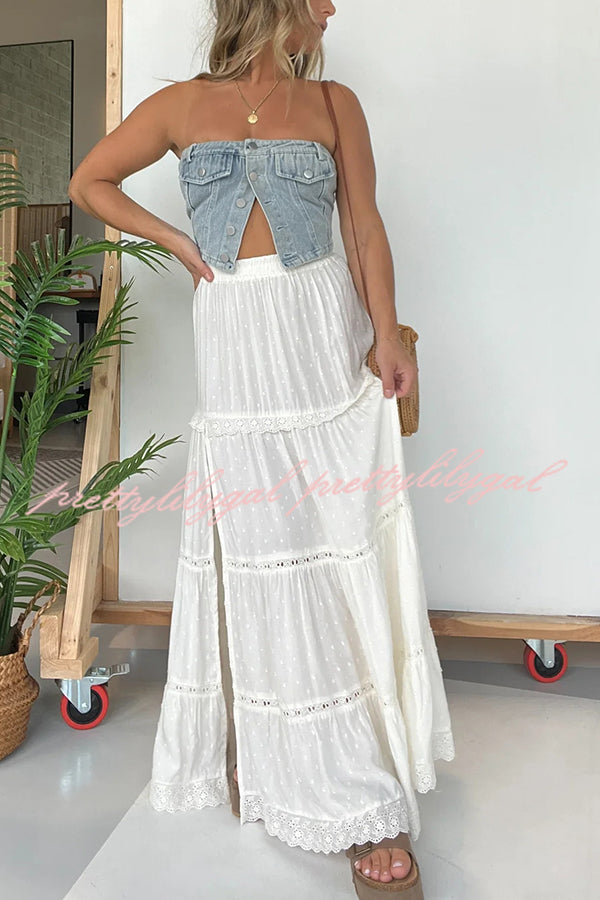 Fashion Lace Splicing Elastic Waist Loose High Slit Maxi Skirt