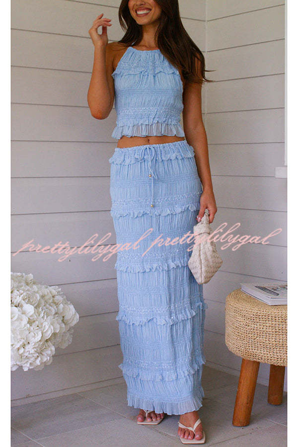 Feel Chic and Romantic Sequin Textured Material Back Elastic Halter Tie Tank and Drawstring Waist Tiered Maxi Skirt Set