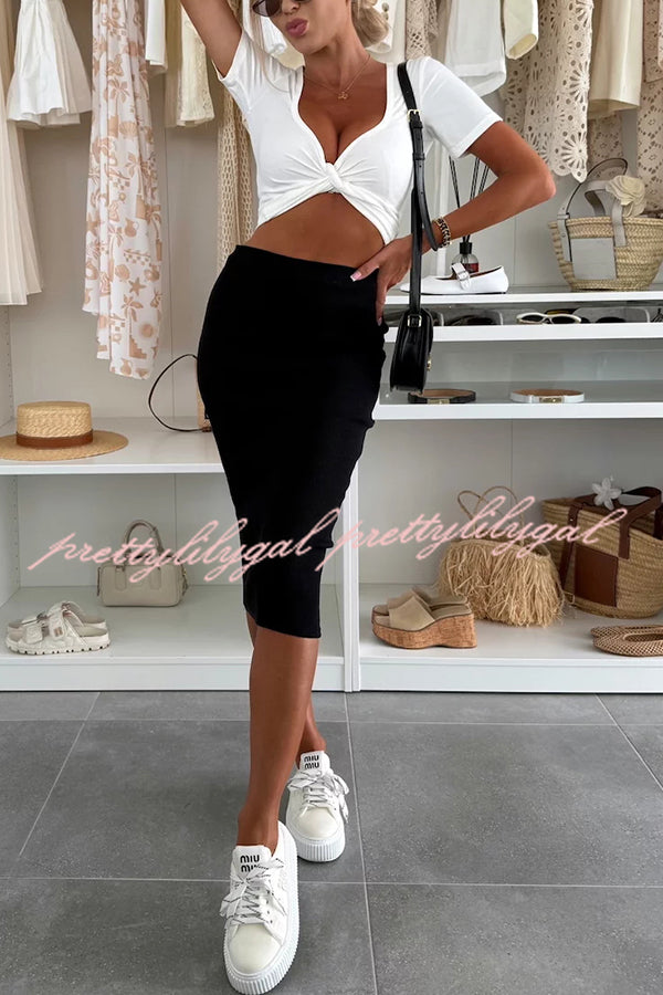 Perfect Basics Ribbed Knit Elastic Waistband Stretch Midi Skirt