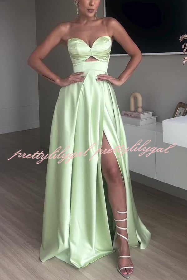 Chic Queen Satin Hollow Strapless Slim High Slit Party Maxi Dress