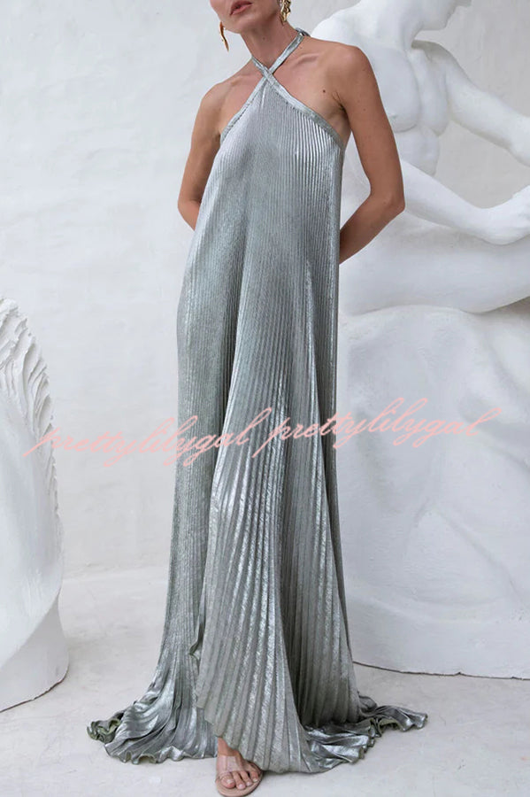 Elegant and Gorgeous Shimmer Fabric Halter A-line Maxi Dress