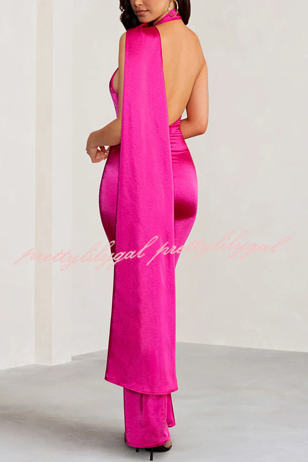 VIP Party Satin Asymmetric Scarf Neck Backless Maxi Dress