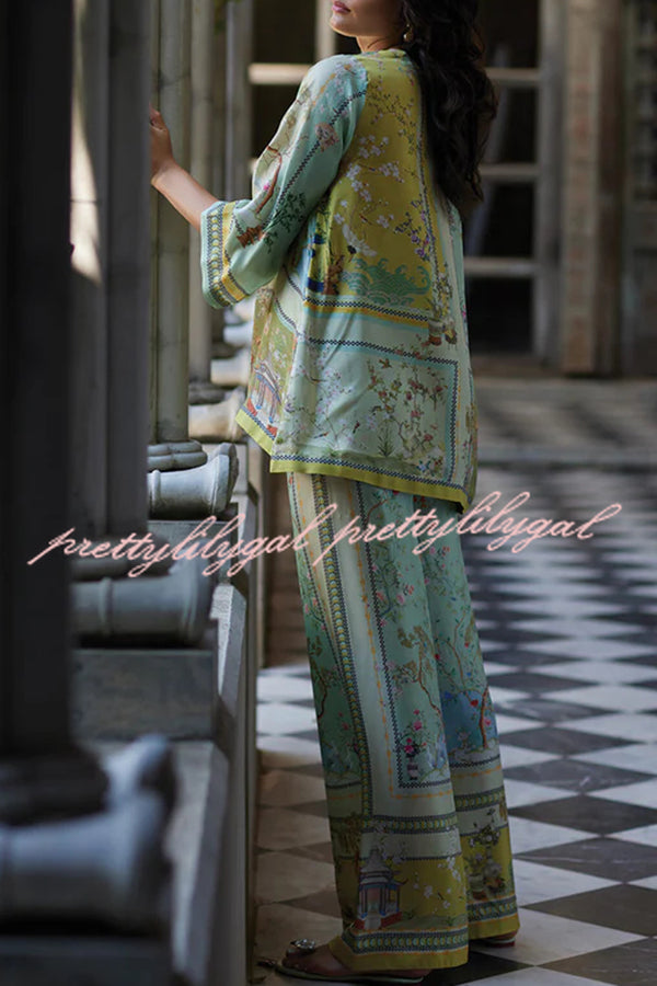 Elonie Satin Floral Print V-neck Half Sleeve Top and Elastic Waist Wide Leg Pants Set