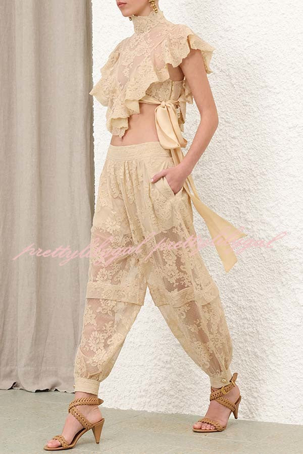 Ellie Lace Gathered Waist Pocket Button Ankle Cuffs Harem Pant