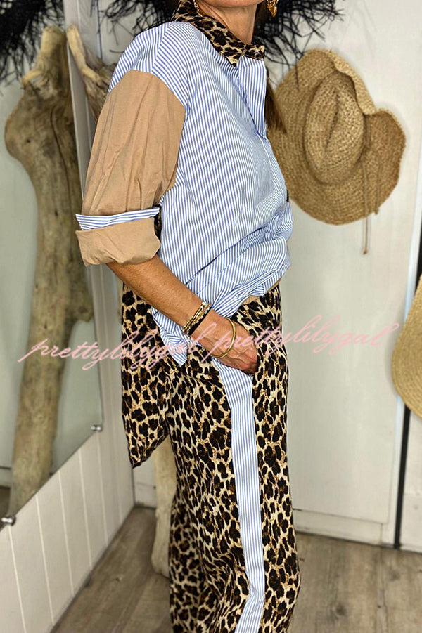 Leopard Print Patchwork Long-sleeved Loose Shirt and Elastic Waist Casual Pocket Wide-leg Pants Set