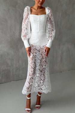Timeless Moment Floral Lace Square Neck Button Up Balloon Sleeve Top