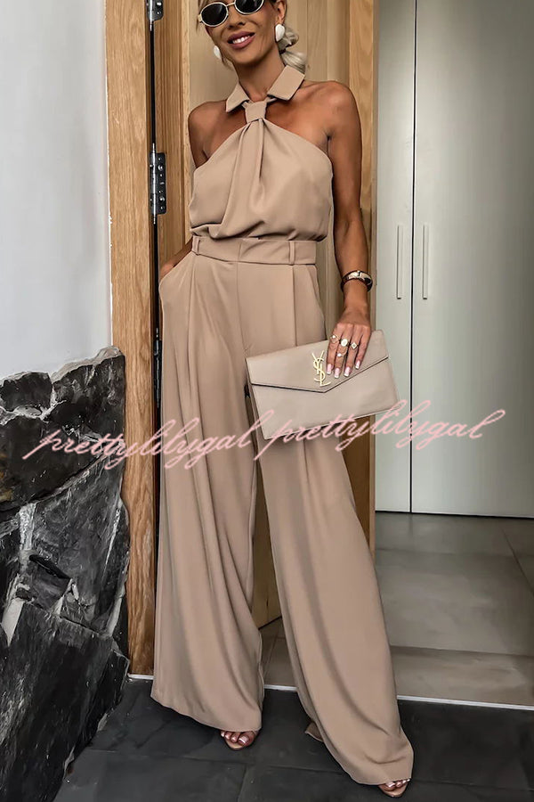 Fashionable Unique Look Halter Shirt Collar Pocketed Wide Leg Jumpsuit