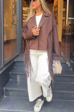 Western City Suede Long Tassels Long Sleeve Lapel Relaxed Jacket