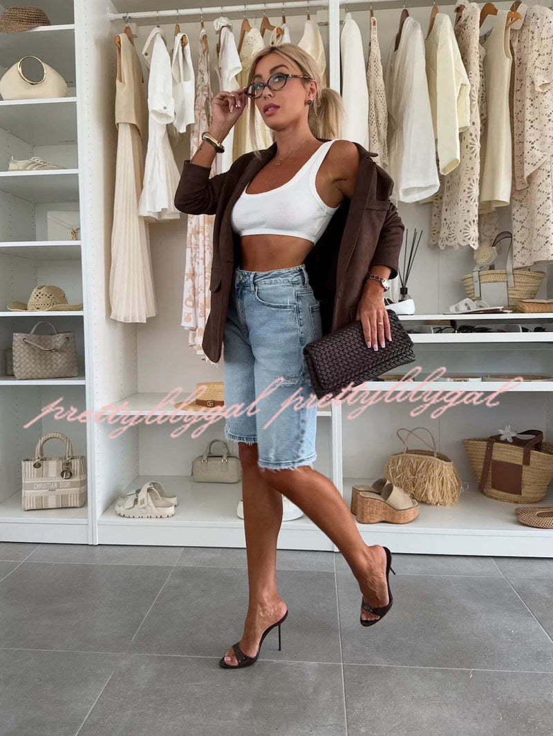 Fashion Denim Pocket Frayed Bermuda Shorts