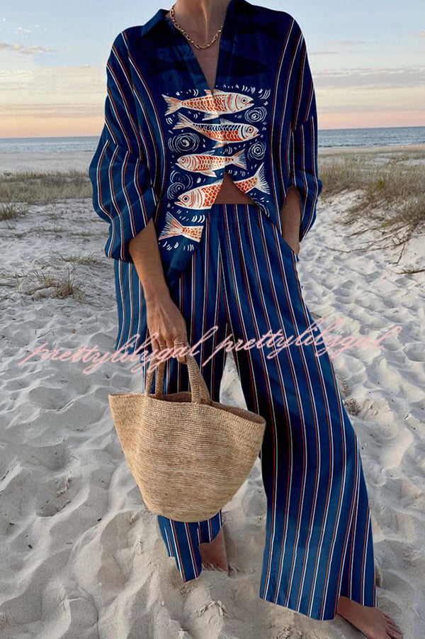 Unique Ocean Print Oversized Shirt and Elastic Waist Pocket Pants Set