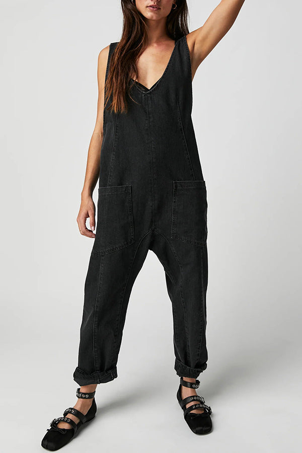 Pocket V Neck Suspender Denim Jumpsuit