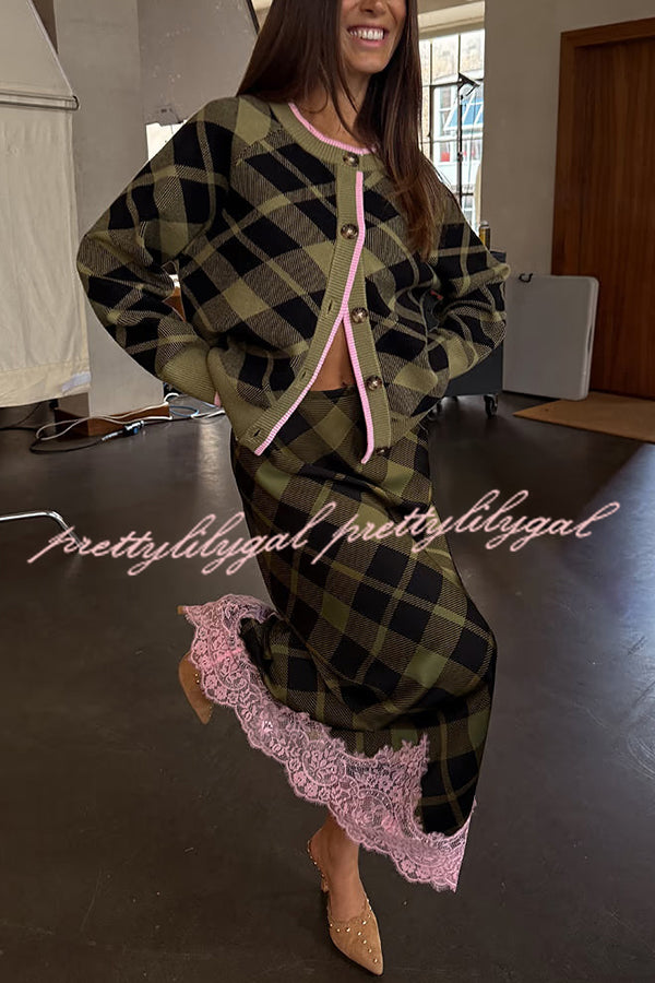 Holiday Plaid Knit Color-blocked Trim Button Long-sleeved Loose Cardigan