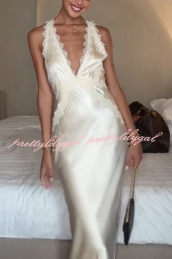 Modern Day Glam Satin Lace Trim V-neck Cross Back Maxi Dress