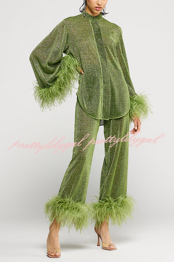 Glitter Fabric Feather Trim Long Sleeve Button Top and Elastic Waist Loose Straight Pants Set