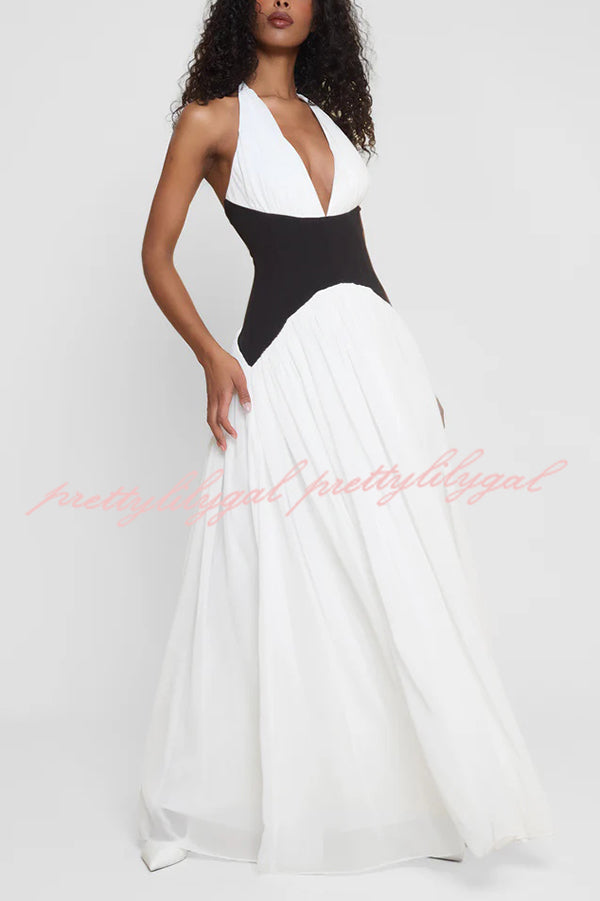 Fashionable Color Matching Sexy Halter Neck Waist Maxi Dress