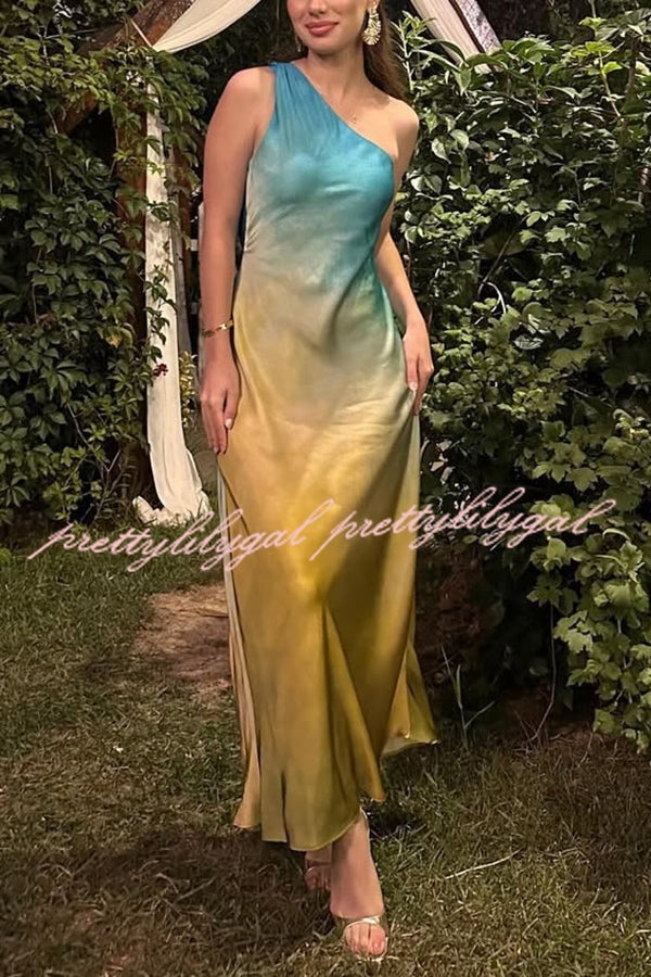 Satin Ombre One Shoulder Backless Fitted Maxi Dress