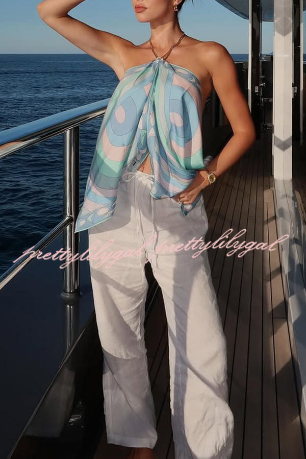 Artistic Girl Satin Unique Print Metal Chain Halter Draped Scarf Tank