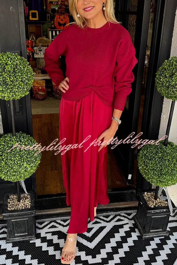 Practical Fashion Knit Ruched Sweater and Satin Stretch Tank Midi Dress Two-piece Set