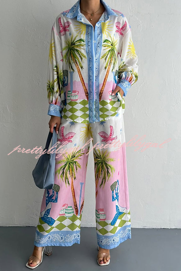 Holiday Style Print Loose Long Sleeve Shirt and Elastic Waist Loose Pocket Wide Leg Pants Set
