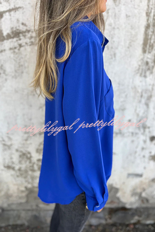 Solid Color Lapel Button Pocket Casual Long Sleeve Shirt