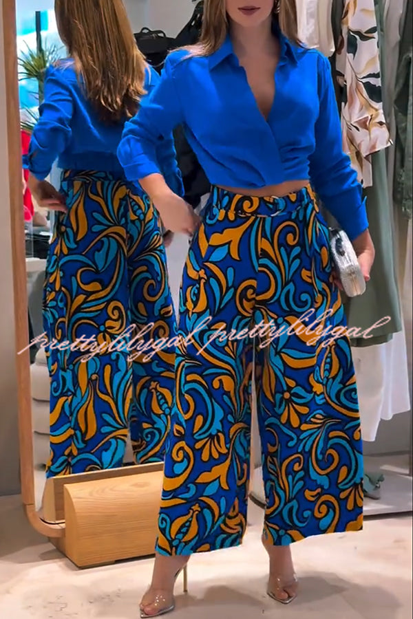 Ocean Heart Linen Blend Printed Ruched Hem Blouse and Belted High Rise Pocket Loose Pants Set