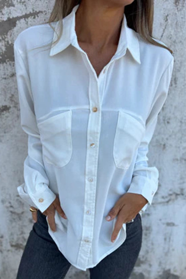 Solid Color Lapel Button Pocket Casual Long Sleeve Shirt