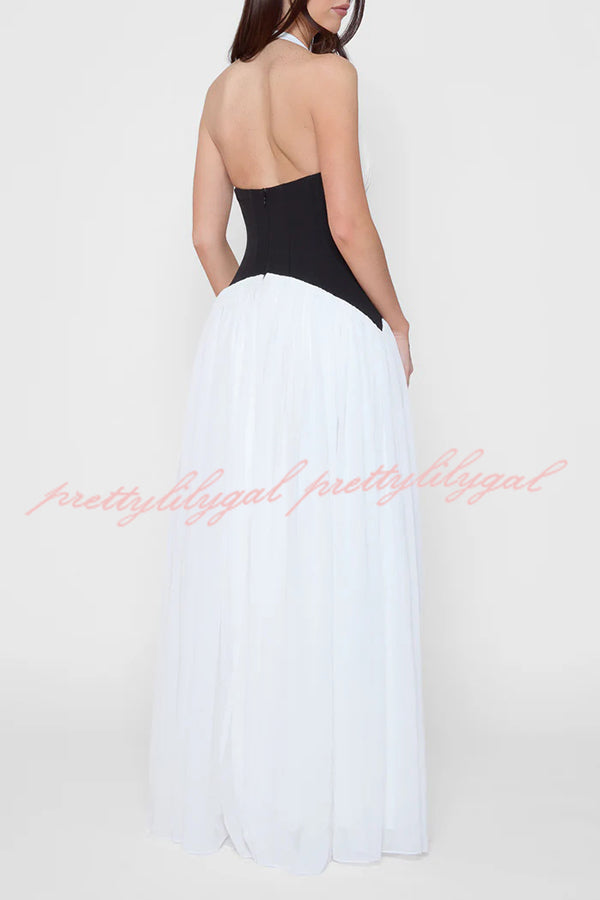 Fashionable Color Matching Sexy Halter Neck Waist Maxi Dress