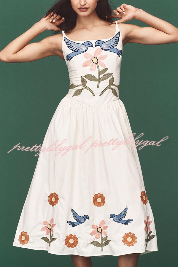 Embroidered Printed Suspenders Pleated Holiday Midi Dress