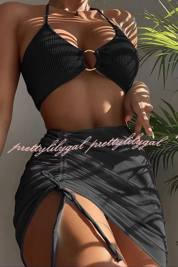 Commuting Style Suspender Pleated Hoop Three Pieces Swimsuit Set