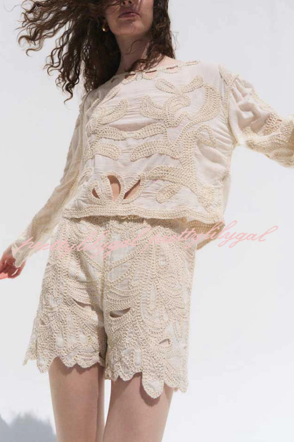 Fashionable Round Neck Long Sleeve Hollow Embroidered Top and Elastic Waist Loose Shorts Set