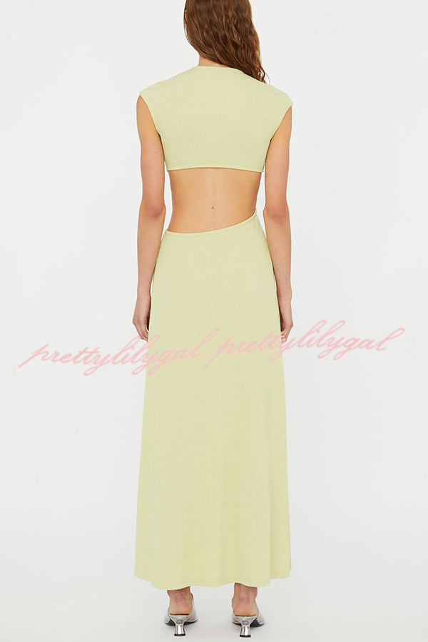 Eye-catching Ribbed Knit S-buckle Hardware Cutout Waist Maxi Dress