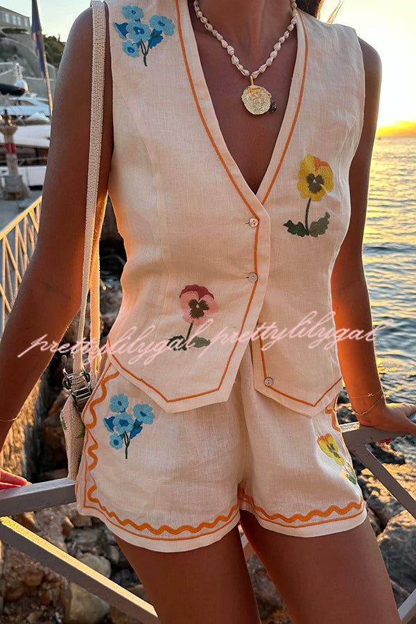 Summer Flower Printed Linen Blend Button Vest and Elastic Waist Pocketed Shorts Set