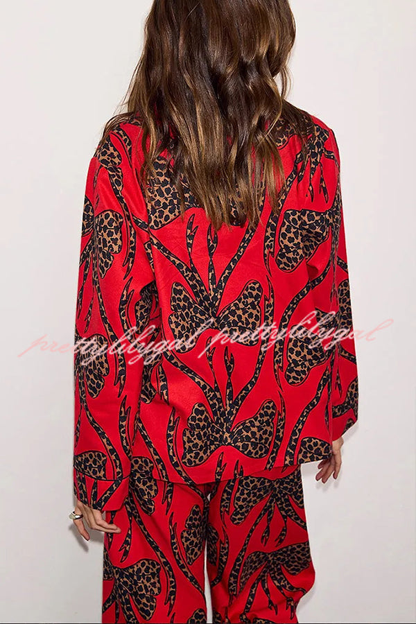 Stylish Colorblock Leopard Print Loose Shirt and Elastic Waist Pocketed Pajama Set