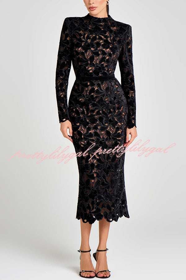 Diane Velvet Embroidered Floral Lace Long Sleeve Belt Scallop Edge Midi Dress