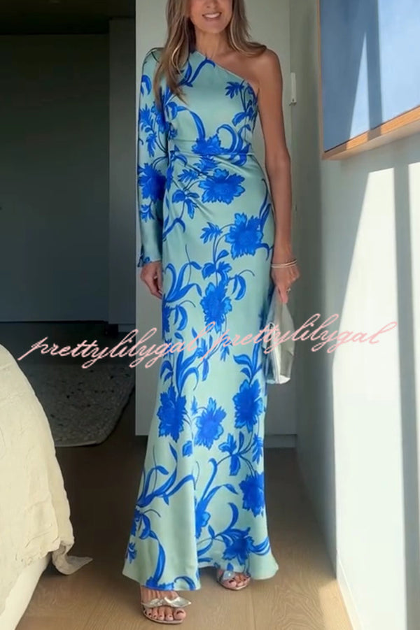 Satin Botanical Print One-Sleeve Resort Maxi Dress