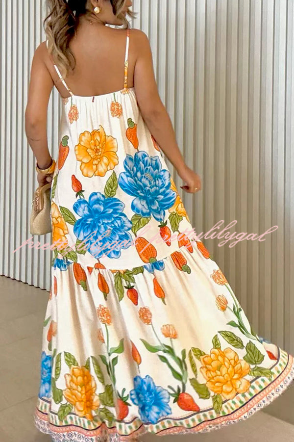 Floral Print Halter Back Loose Pocket Full Hem Maxi Dress