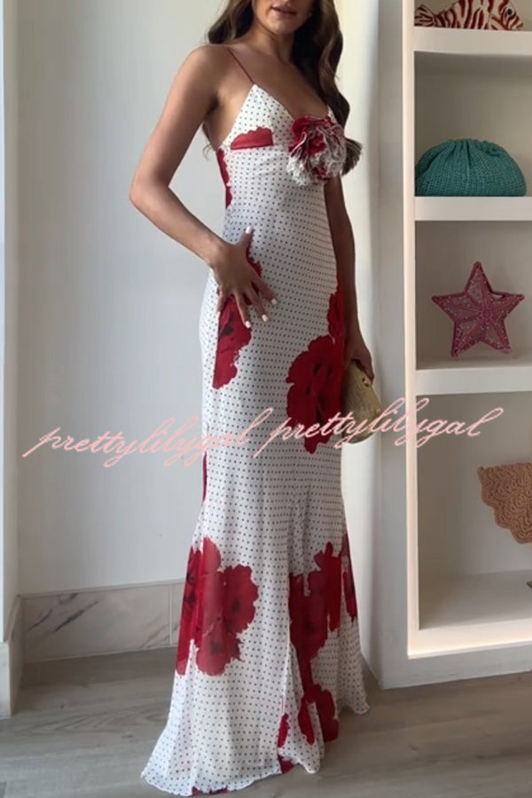Vanna Poka Dot Floral Print 3D Flower Detail Slip Maxi Dress