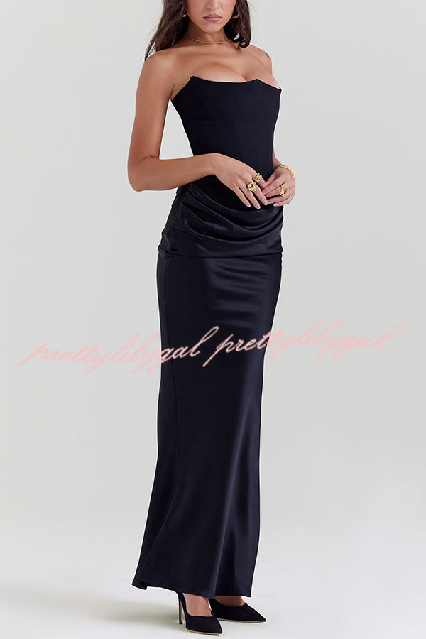 Attend The Gala Strapless Corset Satin Ruched Hip Drape Maxi Dress