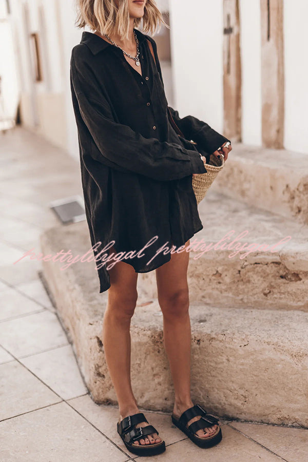 Go To The Beach Linen Blend Pocketed Long Sleeve Oversized Shirt