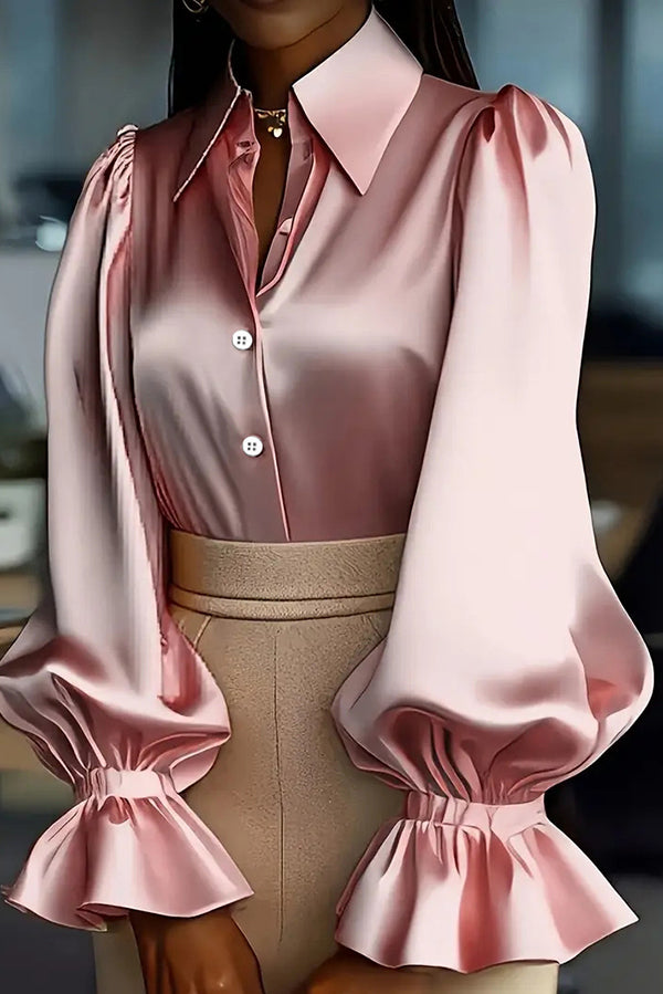 Solid Color Satin Puff Sleeve Casual Button-down Shirt