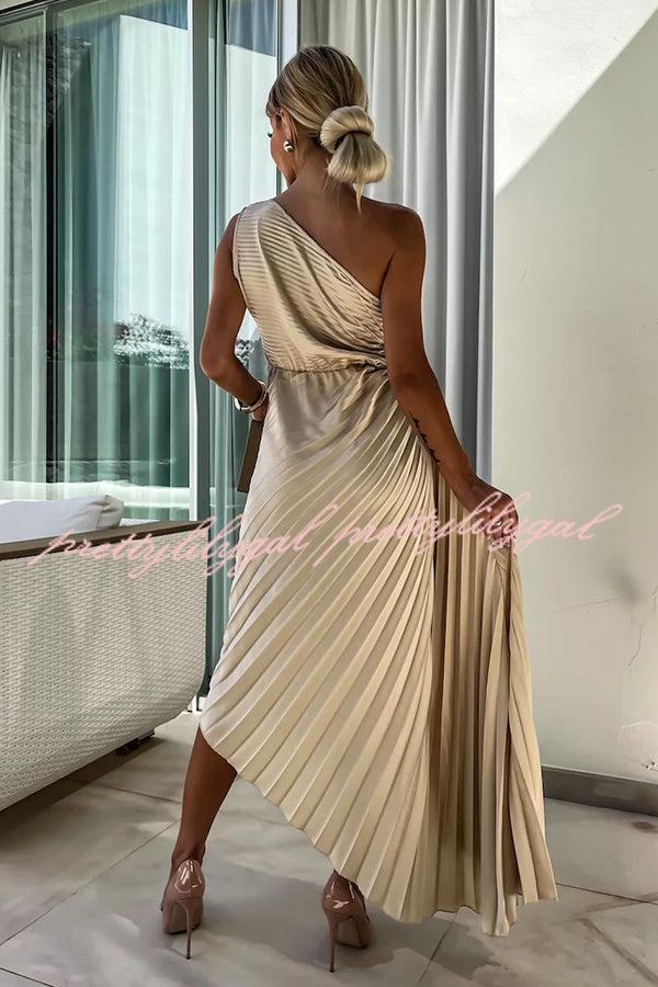 Romantic Nights Satin Raised Flower Elastic Cutout One Shoulder Pleated Maxi Dress