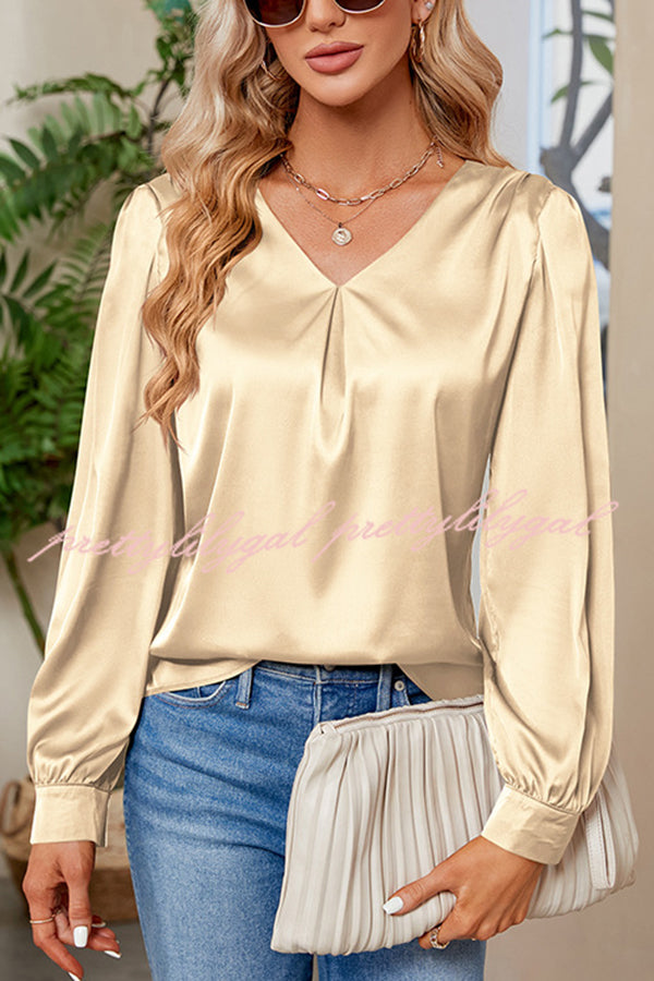 Satin Pleated V-neck Long-sleeved Loose Shirt